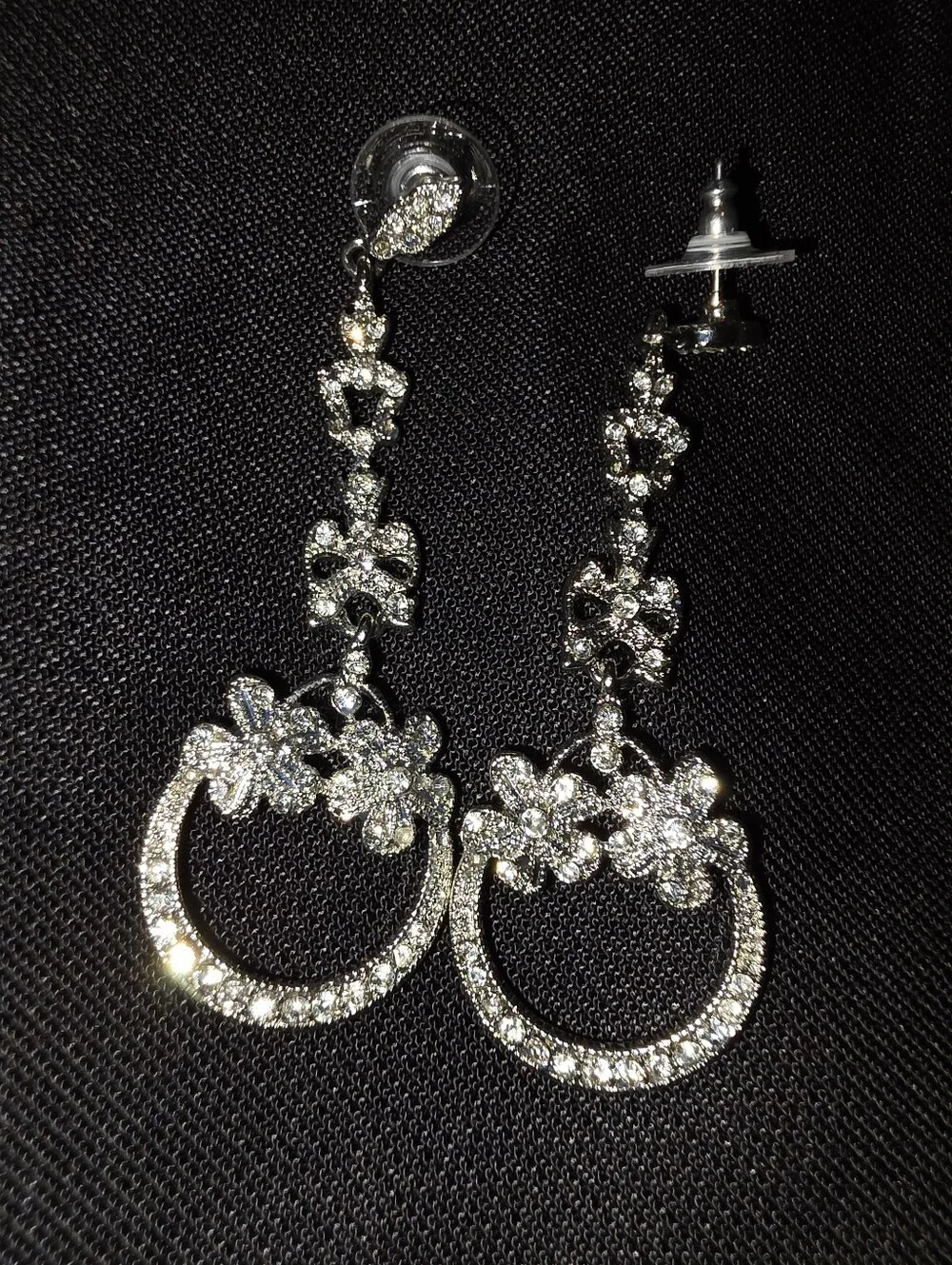 Silver Crystal Floral Drop Earrings - Silver